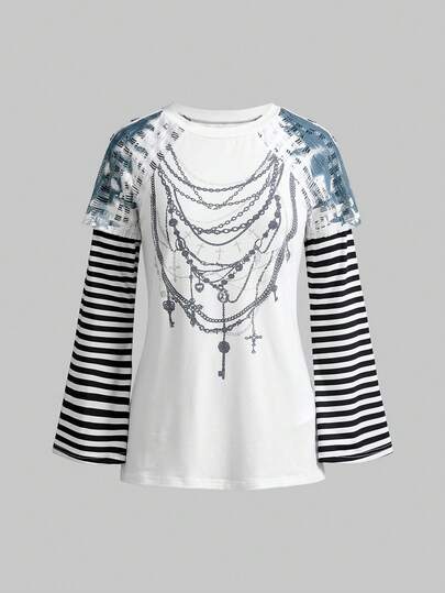 ROMWE Avant Maglietta a maniche lunghe con stampa a catena e orlo asimmetrico, stile punk