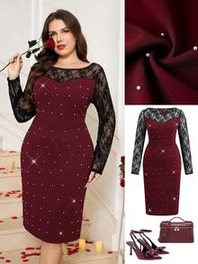 Ellevyn 大码优雅撞色蕾丝仿珍珠串珠连衣裙，秋季 - 彩色 - 查看 7