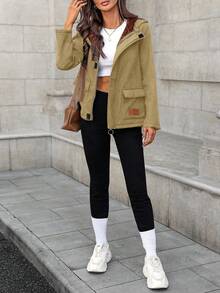 SHEIN LUNE 女士纯色保暖连帽外套，带口袋，常规版型，休闲日常外套，秋冬季 - 摩卡棕 - 查看 7