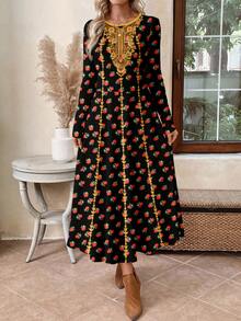 EMERY ROSE Robe décontractée élégante à manches longues pour femmes - Imprimé floral rétro rose, chic noble pour les fêtes et la maison au printemps, en automne et en hiver