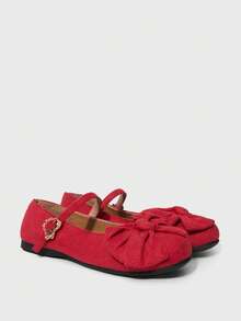 ROMWE Kawaii Giày bệt nữ thời trang và dễ thương với nơ trang trí, thích hợp cho dịp Giáng sinh. - Da lộn đỏ - Xem 3