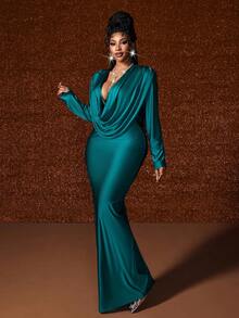 SHEIN CURVE+ Elegantes Kleid in Große Größen mit drapiertem Ausschnitt und Fischschwanzsaum, Herbst - Grün - Übersicht 8