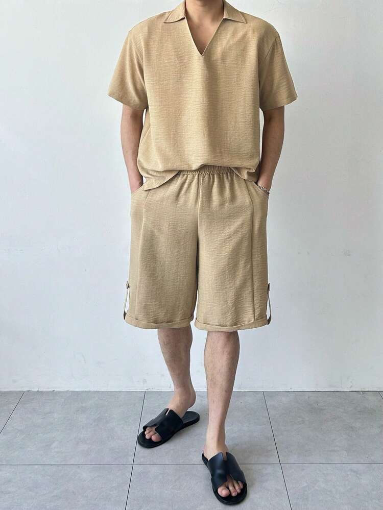 Men Solid Shirt & Elastic Waist Shorts
