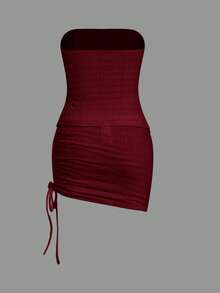 SHEIN x Marika Sila SHEIN ICON Drawstring Front Tube Top & Bodycon Skirt Two Pieces - Red Violet - View 8