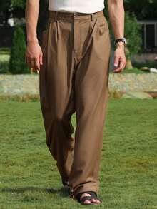 DAZY Men's Solid Brown Elastic Waist Pants, Spring/Autumn - Brown - View 4