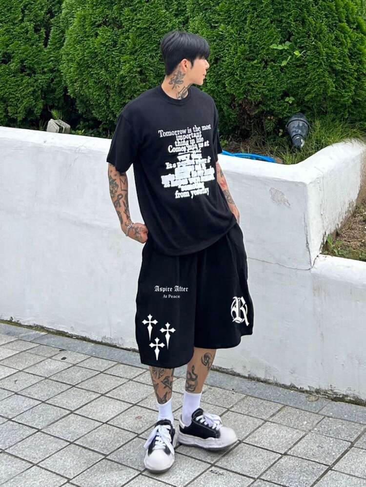 Men's Letter Print Elastic Waist Street Style Shorts, Summer