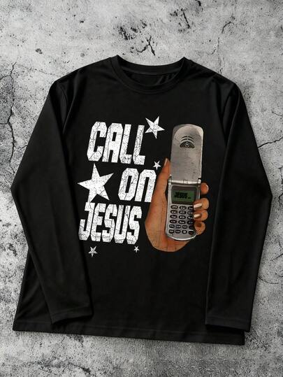Manfinity Dauomo CALL ON JESUS,Y2k,Graphic Shirt Men's Summer Long Sleeved Comfortable And Breathable Casual Outdoor Street Round Neck T-Shirt, A High-Quality Fashion Brand, A Surprise Gift For Family And Friends.