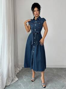 Elenzga Women's Fashion Front Button Denim Dress, Suitable For Commuting