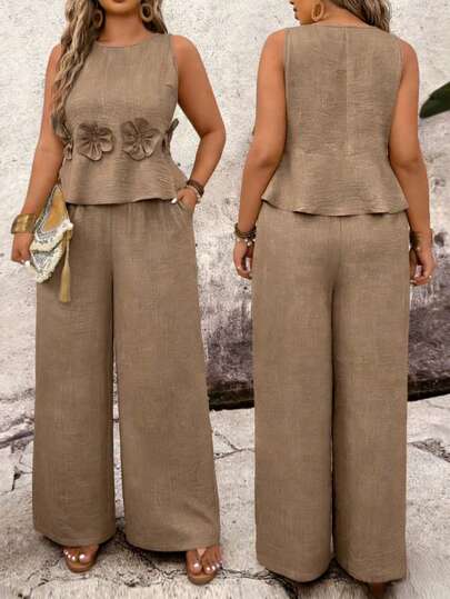 Breezaya Plus Size Round Neck Sleeveless Cropped Floral Top And Loose Fit Pants 2 Pieces Set