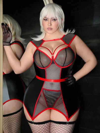 AltCore 7件套加大码性感透视渔网和漆皮拼接露背连体衣内衣套装