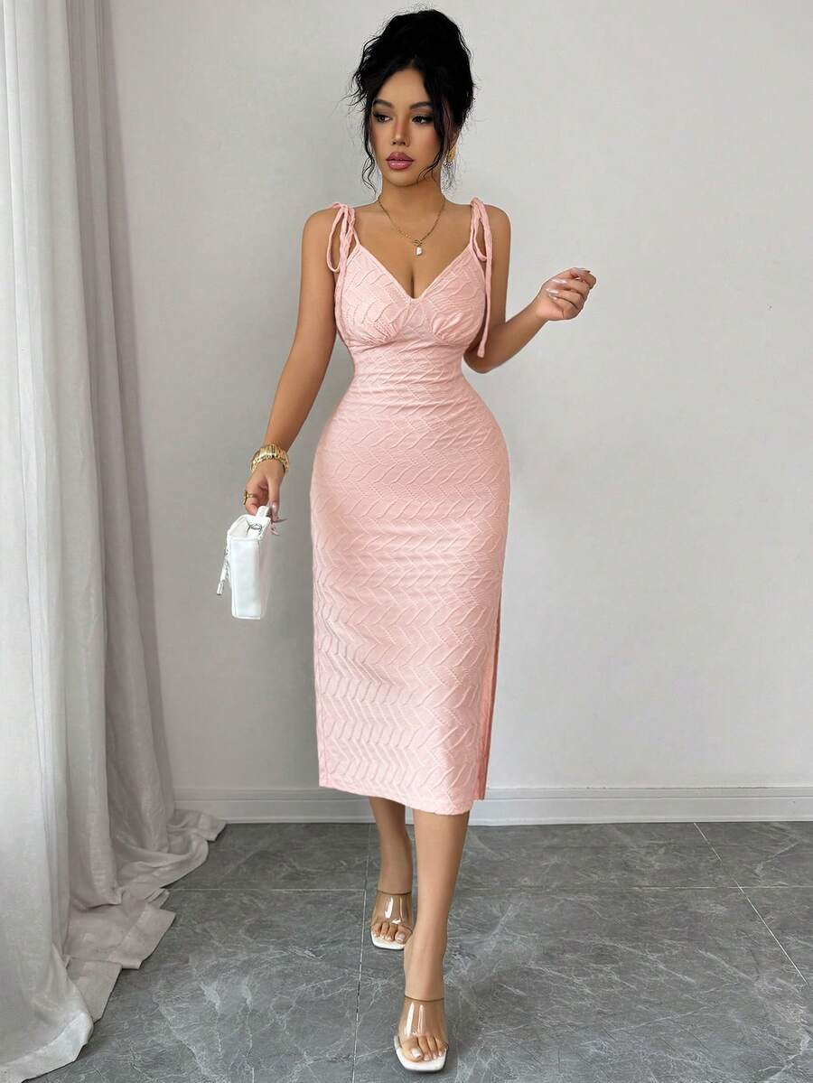 Elenzga New Elastic Knit Textured Spaghetti Strap Side Slit Design Dress, Youthful & Elegant For Party, Vacation, Everyday Wear - Pink - View 1