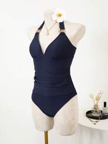 Swim Lushoire 女士金属扣挂脖泳衣，修身款，纹理面料，适合温泉、海滩度假 - 藏蓝色 - 查看 7