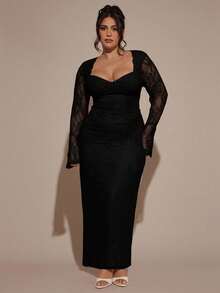 SHEIN BAE Đầm ren dài tay cỡ lớn dành cho nữ, đầm thanh lịch. - màu đen - Xem 3