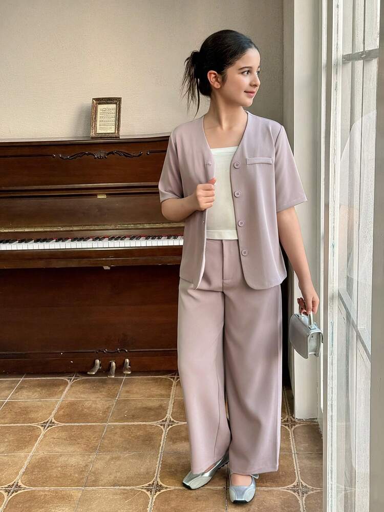 Tween Girl Solid Color Single-Breasted Jacket And Pants Casual Suit