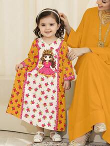 SHEIN White & Yellow, Cute Elegant Fashion Contrast Color Udan Rose Pattern Print, Prayer Abaya, Baby Girls Casual Minimalist Round Neck Loose Traditional Long Sleeve Arabic Robe Dress Suitable For Spring/Summer, Elegant Fashion Long Sleeve Maxi Dress, Baby Girl Prayer Abaya, Easy Comfort, Casual Wear, Modest Kaftan, Baby Girl Jalabiya, New Style, Floral Baby Girls Jalabiya - Multicolor - View 4
