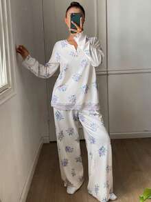 DAZY Conjunto de pijama de mujer con estampado floral y aplicación de encaje - Beis - Ver 6
