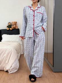 DAZY Cute Plaid & Floral All-Over Print Contrast Embroidery Trim Loose Women Pajama Set - Blue - View 7