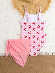 SHEIN 少女樱桃格子吊带连体泳衣，带系带裙摆，两件套，学生海滩度假温泉甜美清新泳装 - 粉色 - 查看 2