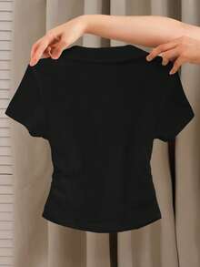 Tween Girl Classic Knight Logo Print Fitted Side Ruched Short Sleeve Cropped T-Shirt - Black - View 2