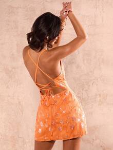 Glamine Đầm ngắn hở lưng gợi cảm đính sequin buộc dây dành cho nữ, màu cam, thích hợp cho hẹn hò, kỳ nghỉ, mùa hè. - trái cam - Xem 1