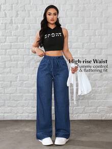 Flexra 女士抽绳腰阔腿宽松休闲百搭牛仔裤 - 藍色 - 查看 7