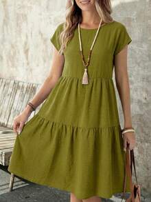 EMERY ROSE Vestido casual de manga corta con cuello redondo y largo medio, de aspecto de lino verde, para primavera/verano, informal - Multicolor - Ver 5