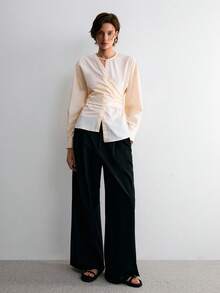 ATUI Studio Áo kiểu nữ màu trơn, vạt áo bất đối xứng, kiểu quấn, thích hợp cho mùa xuân/thu. - Màu be - Xem 2