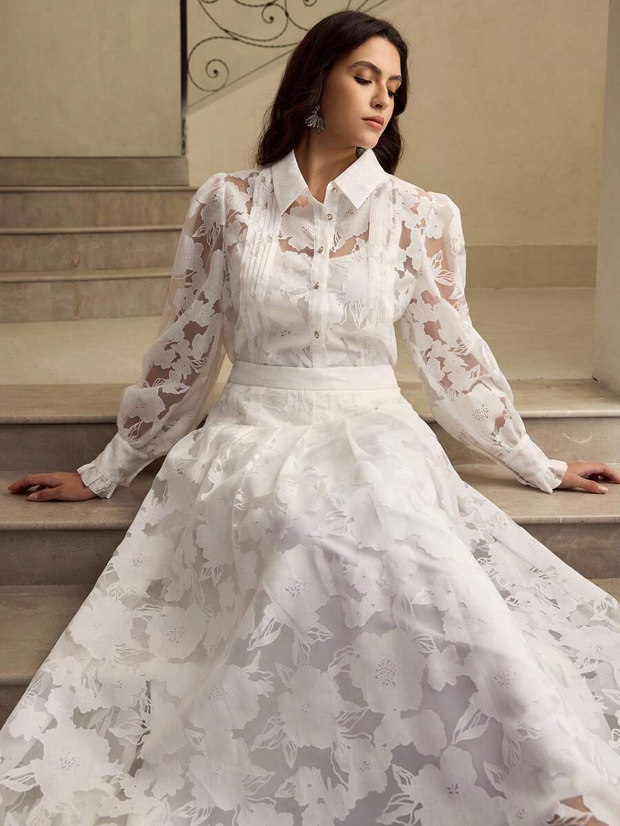 ZEYLAH Plus Size Women's Lightweight Cutout Fabric A-Line Skirt, Spring/Summer - White - View 1