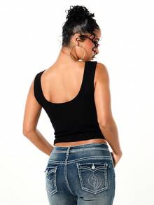 BABYPHAT Áo tank top gân sọc in hình trái tim, áo crop top không tay, áo thun cơ bản mùa hè màu đen, thích hợp cho ngày Valentine. - màu đen - Xem 2