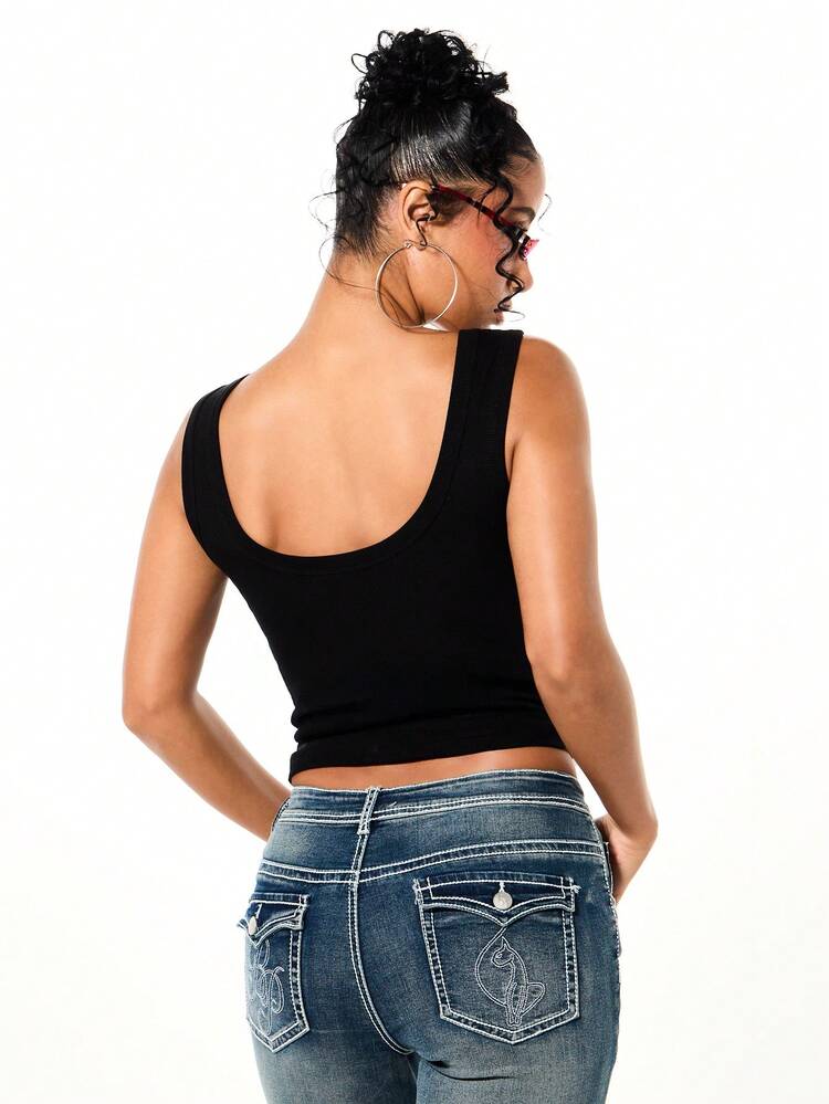 BABYPHAT Ribbed Tank Top Heart Print Slogan Crop Top Sleeveless Casual Summer Basic Tee Black For Valentine's Day