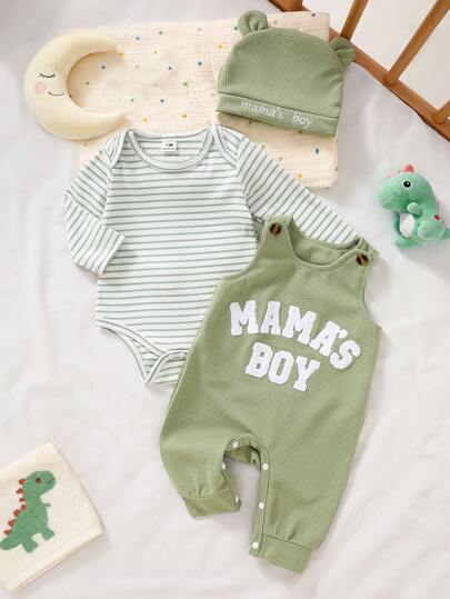 SHEIN Newborn Male Baby Green Striped Long Sleeved Jumpsuit Paired With Green Sleeveless Letter Embroidered Jumpsuit And Hat, Autumn New Fabric Comfortable Innovative Style