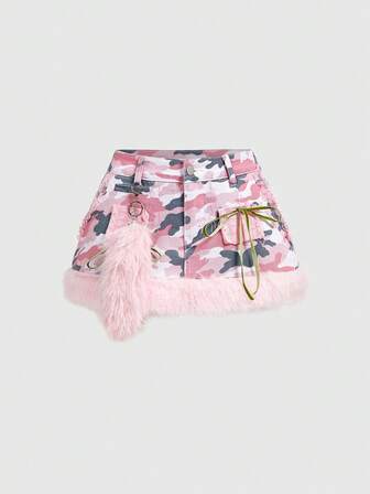 J-Fashion Minigonna in denim a vita bassa con patchwork mimetico e effetto peluche, in stile Y2K