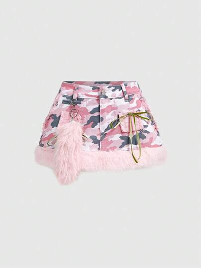 J-Fashion Jupe en jean mini taille basse femme patchwork camouflage épicé et moelleux style Y2K