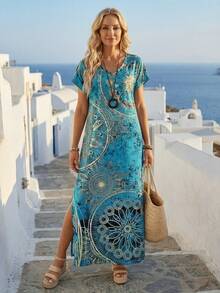 Faunlyn 女士復古花卉印花V領蝙蝠袖休閒夏季長裙，長款女裝