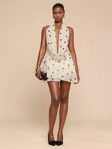 SHEIN BAE Apricot Base Black Polka Dot Chiffon Draped Neck Backless Ruffle Hem Sexy Elegant Maxi Dress, Suitable For Beach Vacation, Vacation Print Long Dress, Beach Maxi Dress, Backless Maxi Dress, Polka Dot Dress,Summer Dress,Valentine's Day,Party Dress,Elegant Dresses - Apricot - View 7