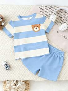 SHEIN Playful Pals 两件套男婴服装，可爱小熊条纹印花圆领短袖T恤搭配藏蓝色短裤，适合夏季外出穿着 - 彩色 - 查看 3