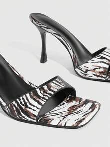 CUCCOO SZL 夏季方头斑马纹细高跟凉鞋，复古性感风，方头加细高跟拉长腿部线条，外出必备，吸睛派对装扮 - 黑與白 - 查看 6