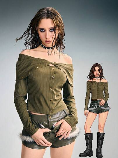 Grunge Punk Vintage Sexy Twist Neck Off-Shoulder Women Tight Fit T-Shirt