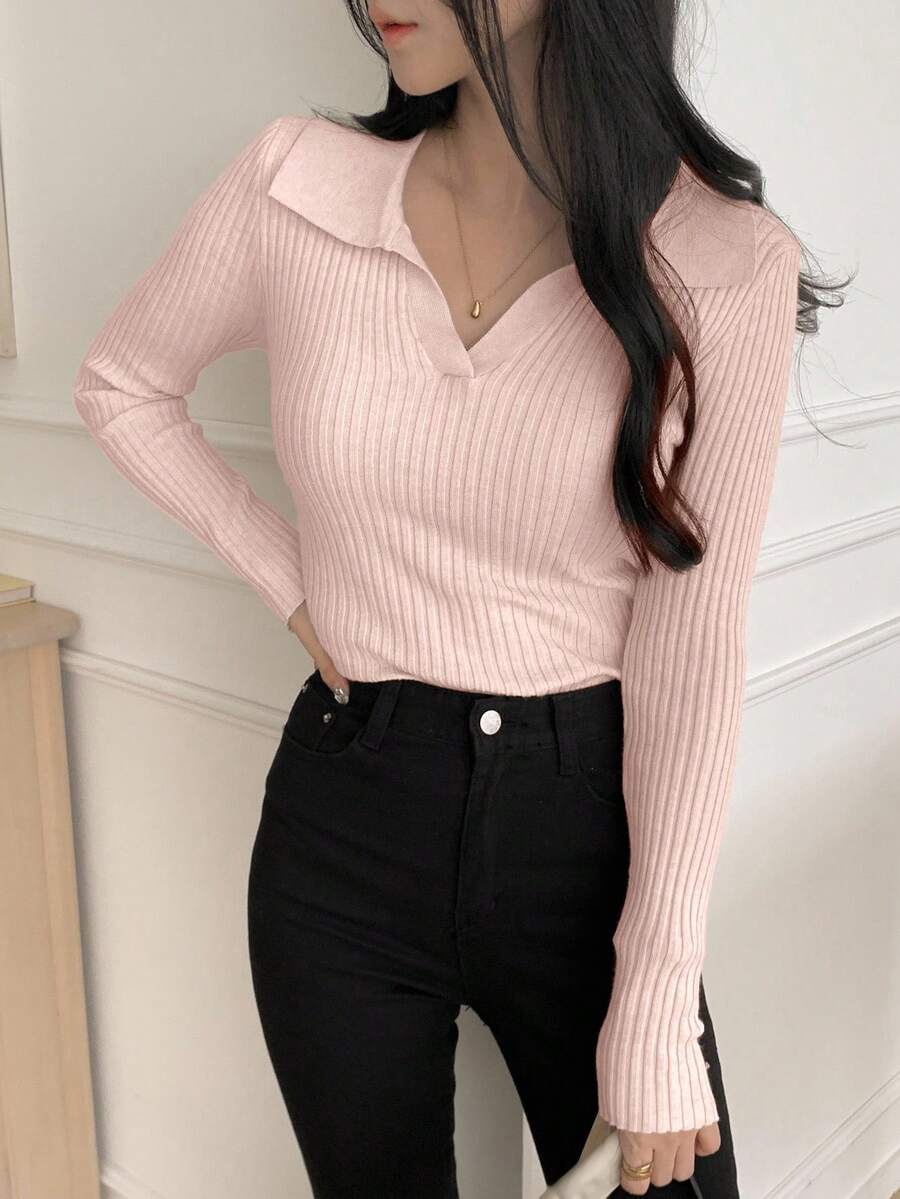 DAZY Áo len nữ dài tay cổ chữ V dáng ôm màu trơn, thích hợp mặc hàng ngày, mùa thu/đông. - Hồng - Xem 1