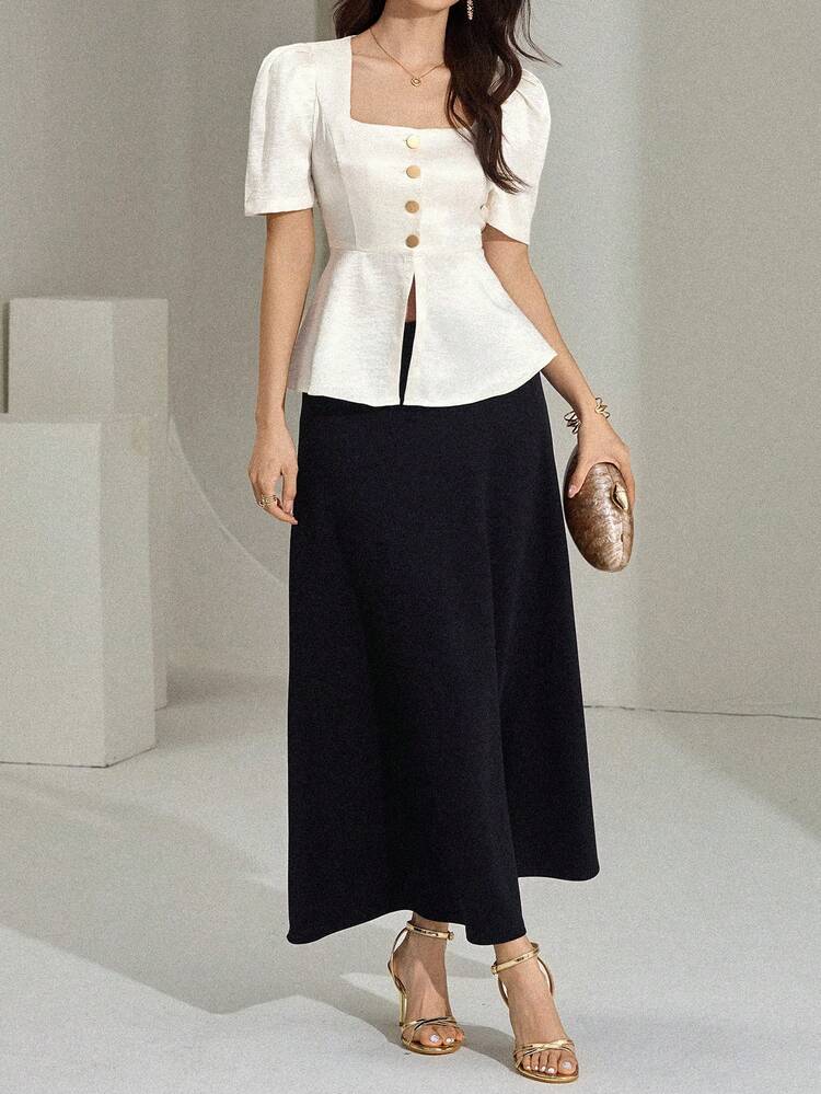 Women's Collared Short Puff Sleeve Waist Cinched Satin Elegant Button-Up Blouse Summer Babydoll Top