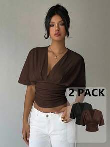 Bộ 2 áo Aloruh kiểu dáng thanh lịch, cổ chữ V sâu, tay ngắn, dáng rộng, ôm sát, dành cho nữ, cổ chữ V, đa năng cho mùa xuân. - Nhiều màu - Xem 4