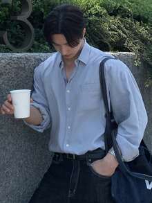 DAZY 男士休闲百搭通勤蓝色衬衫，春季 - 藍色 - 查看 3