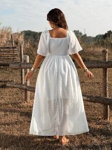 Ceyna Plus Size Solid Color Textured Elegant Lace Patchwork Sweet Fresh Casual Dress - White - View 2