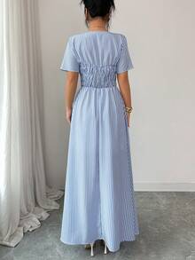 Elenzga New Spring/Summer Women's Dress With Frill Trim, Square Neck, Front Tie, Striped Pleated Elastic Waist, Flared Hem, Lined, Long Length - Blue and White - View 2