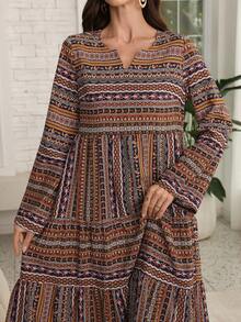 Lacomfia Casual Print Round Neck Cutout Long Sleeve Layered Loose Regular Midi Dress For Women, Spring/Autumn - Multicolor - View 7