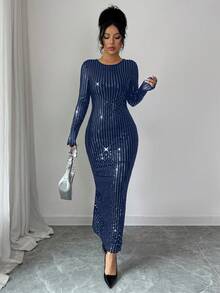 Rafferiza Solid Color Backless Sequin Patchwork Round Neck Bodycon Sexy Long Sleeve Dress - Navy Blue - View 5