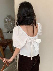 DAZY Tween Girl Solid Color Backless Bow Decor Casual Short Sleeve Blouse - White - View 1