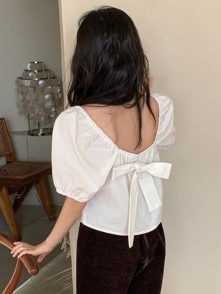 Tween Girl Solid Color Backless Bow Decor Casual Short Sleeve Blouse