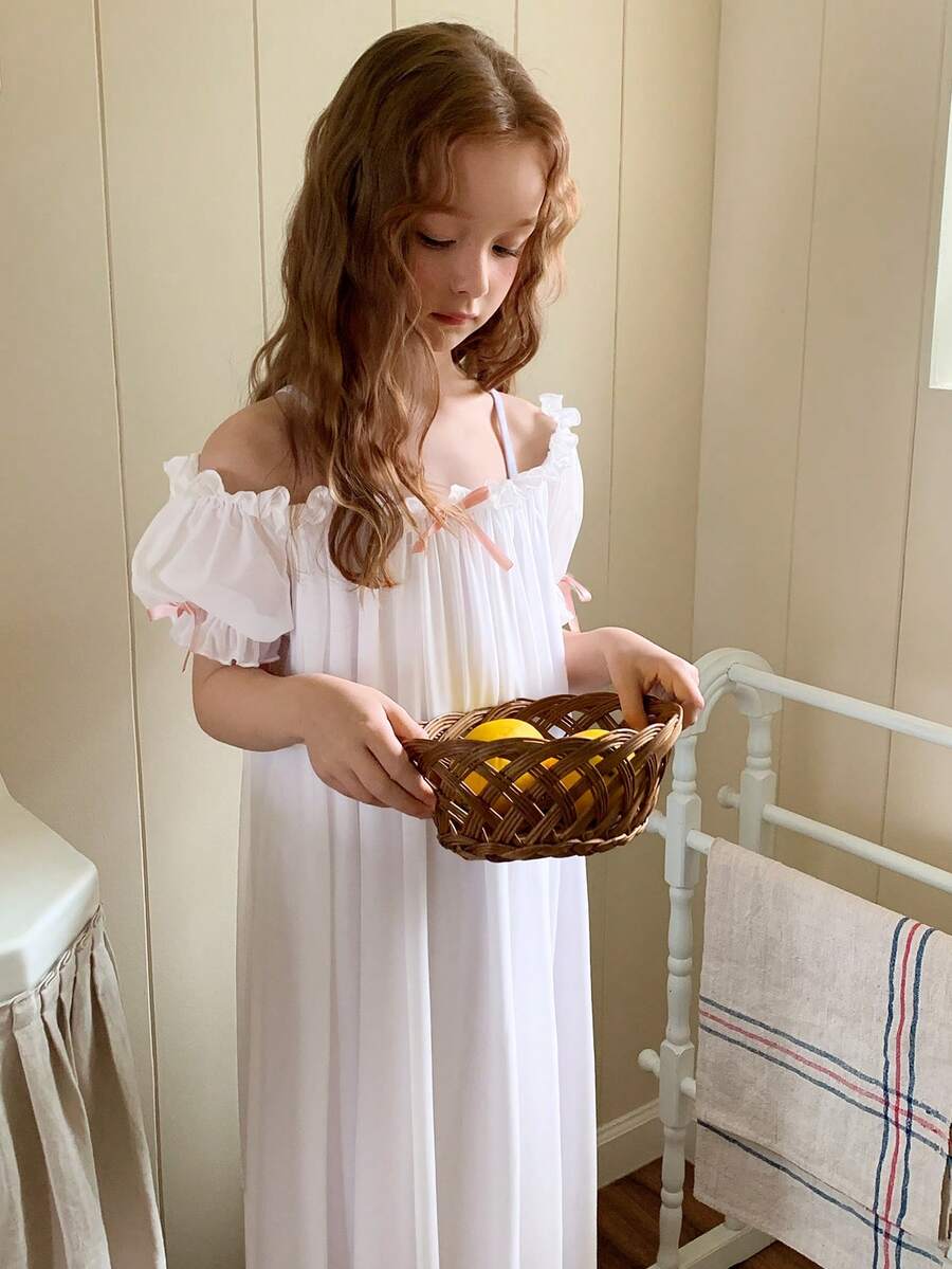 DAZY Tween Girls' Ruffle Patchwork Bow Decor Casual Loose Everyday Lounge Dress - White - View 1