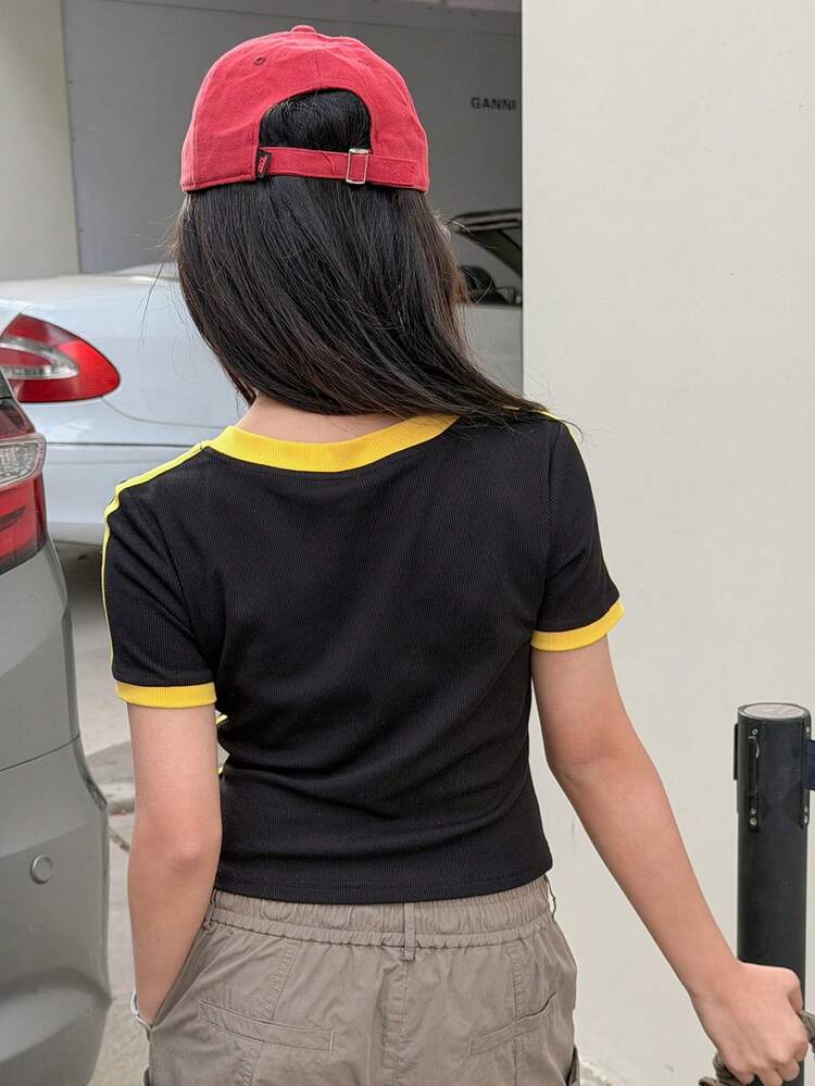 Tween Girls V-Neck Letter Print Color Block Casual Short Sleeve T-Shirt